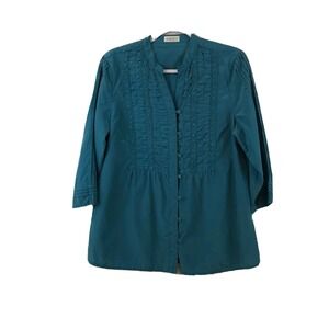Bonita Womens EU 42 US L Blouse Button Up Ruffle Front‎ Teal Silk Blend